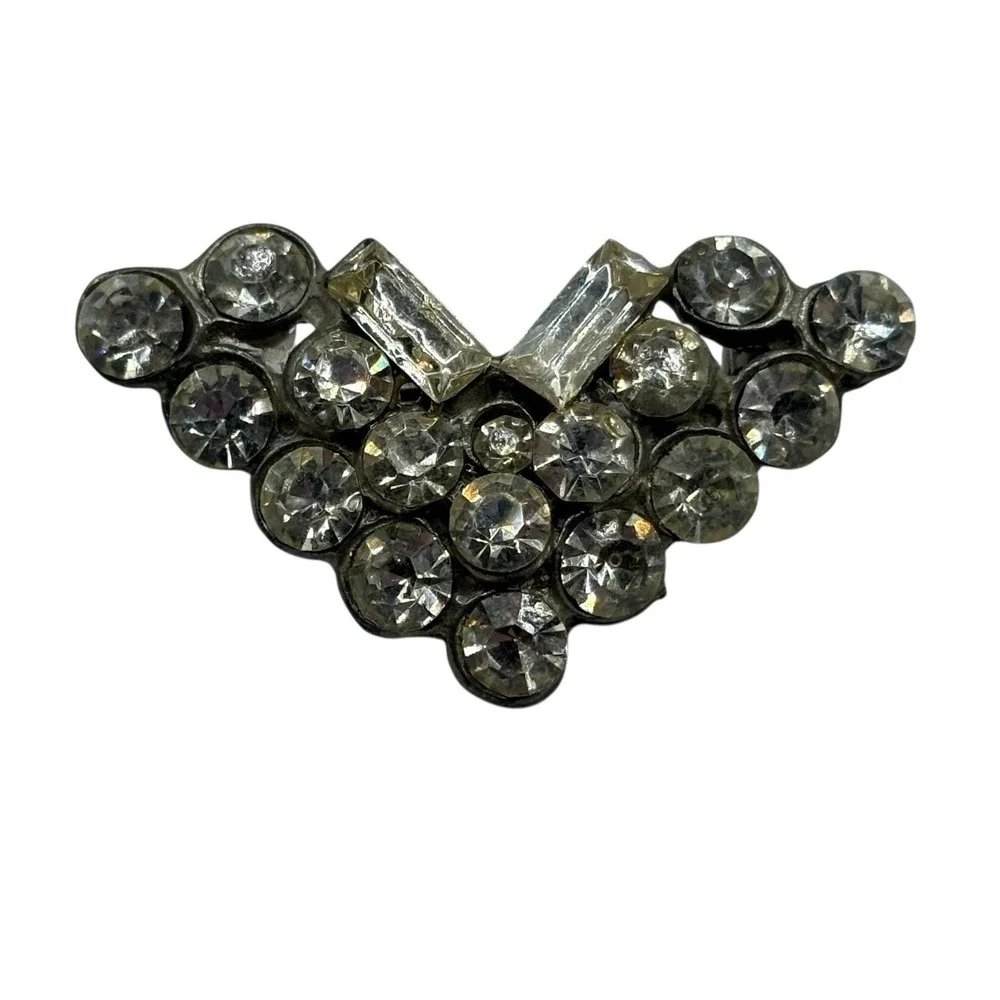 Art Deco Brooch Pin Pot Metal Baguette Clear Rhinestone V Shaped VTG Silver Tone